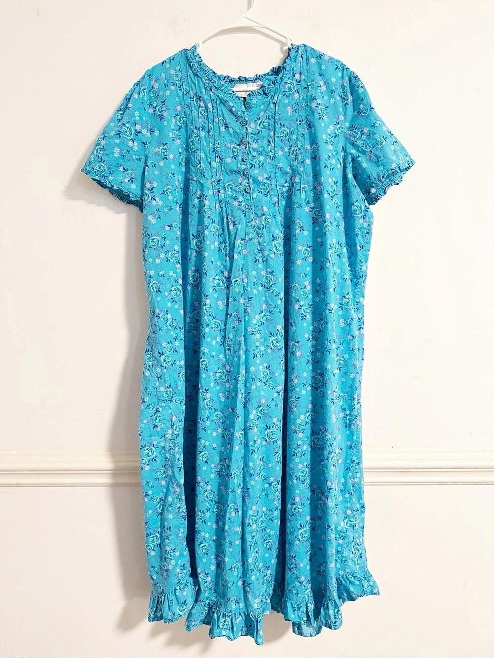 Comfort Choice Blue Floral Cotton Maxi Dress Ruffle Hem Nightgown Lounge 1X